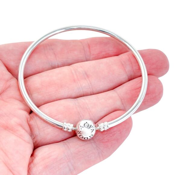 Vintage Pandora Sterling Silver Logo Barrel Clasp Charm Bangle Bracelet 7.25" - Picture 1 of 8